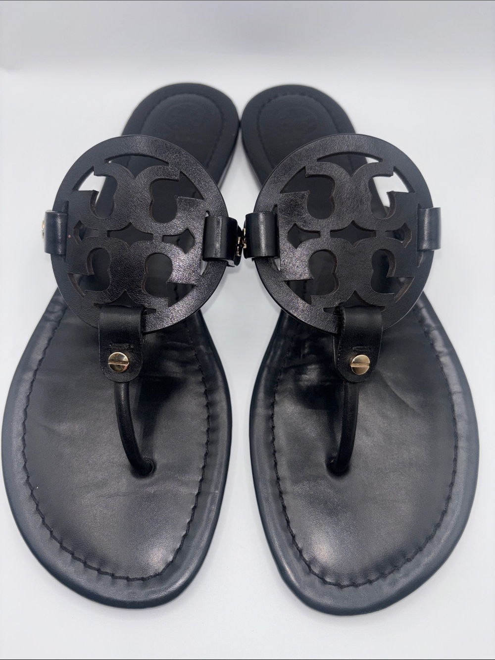 Tory Burch Miller Black Leather Logo Thong Sandals